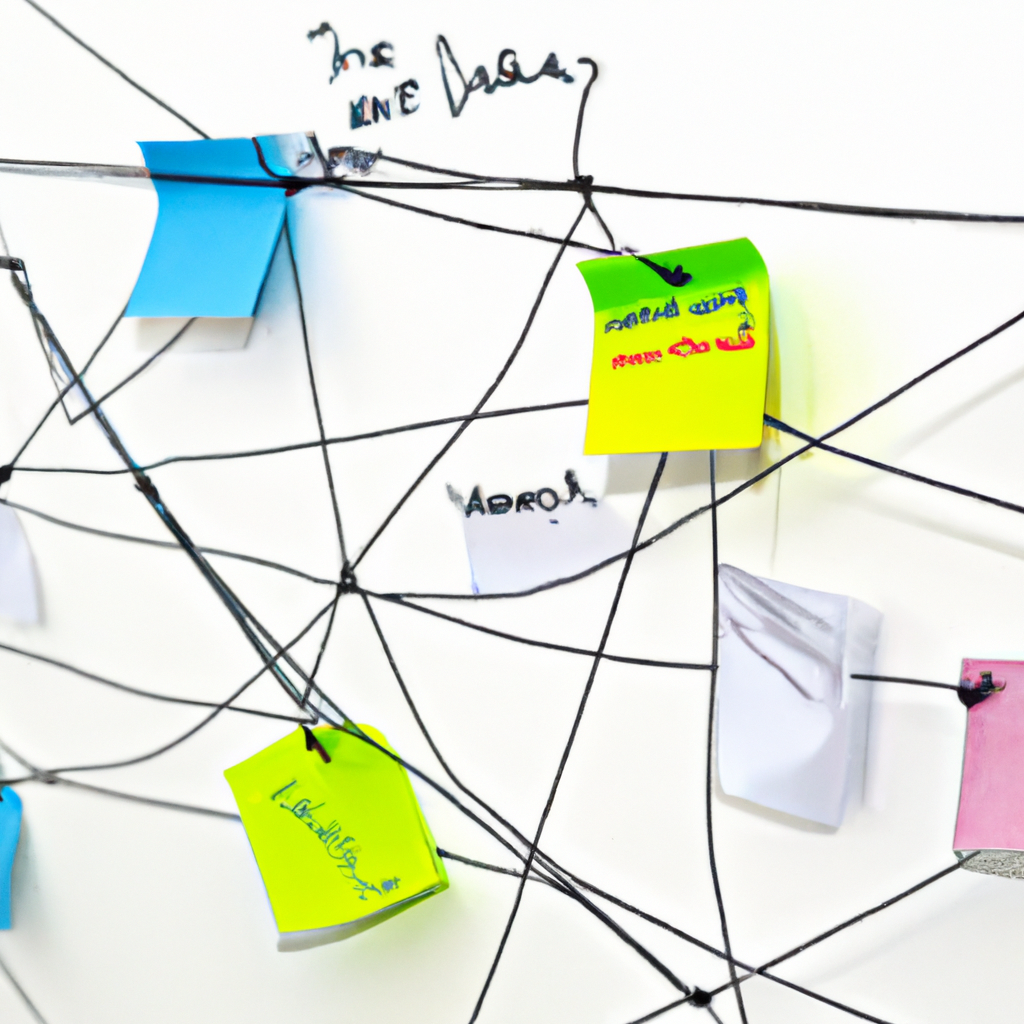 Editorial workflow timeline with sticky notes and string connections on a whiteboard.